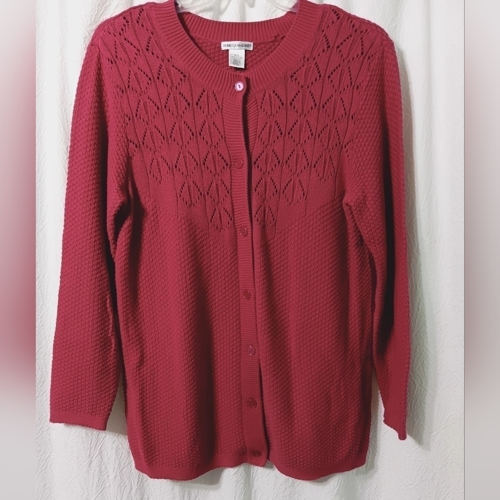 Rebecca Malone Women's Cardigan Size Large Dark Pink Button Up Textured Design